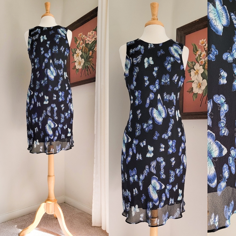 90s Blue Butterfly Bias Cut 1990s Vintage Sleeveless Black Sheer Hem Midi Dress